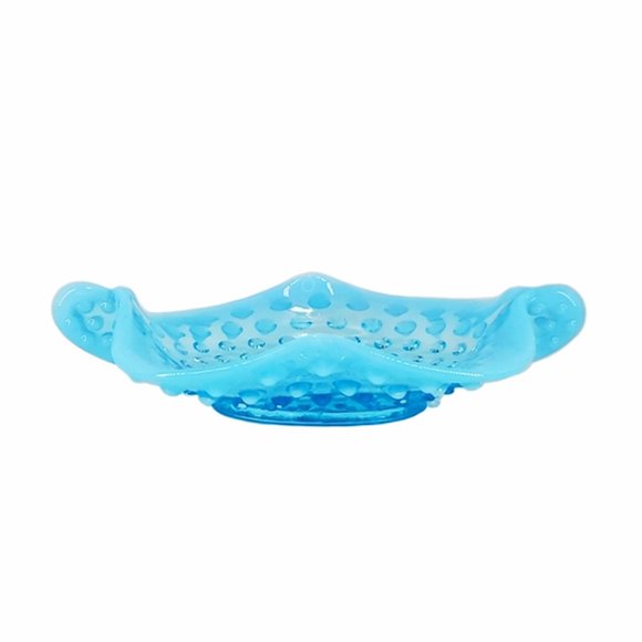 Fenton Blue Opalescent Hobnail Handled Bon Bon Dish Bowl #389 Ruffled Vintage - Picture 7 of 7